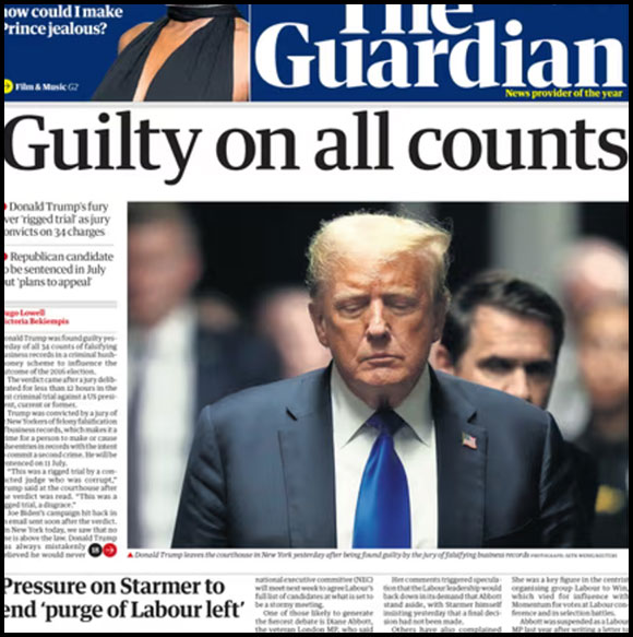 Trump Guilty on all Counts, The Guardian Front Page