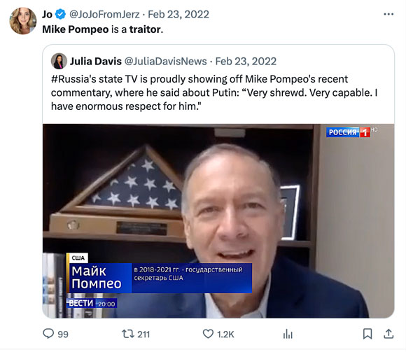 Mike Pompeo Tweet - seen as a Traitor