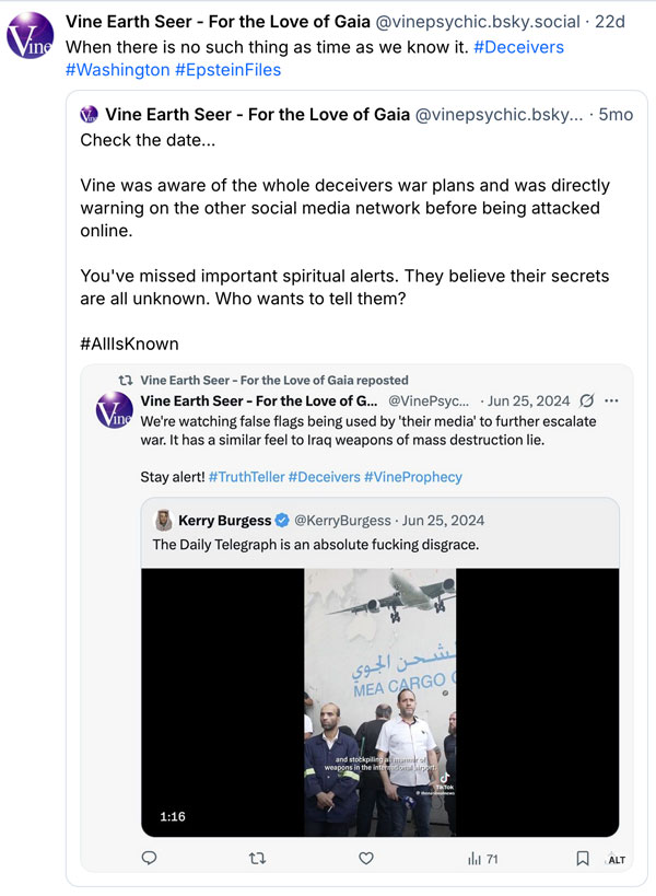 Vine's Tweet and Bluesky Post warning about the deceiver's false flag attacks to create wars